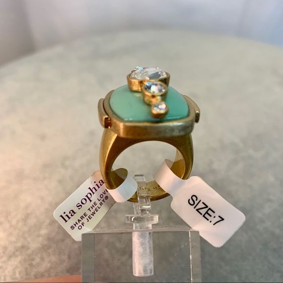 Lia Sophia NWT mint green gold tone Swarovski overlay ring size 7 - Picture 6 of 8